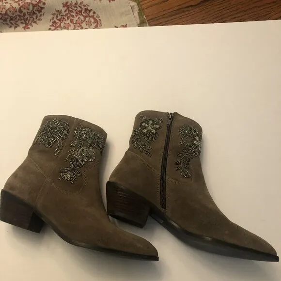EEUC Anthropologie Floral Suede Brown Western Boots Embellished Beaded 8