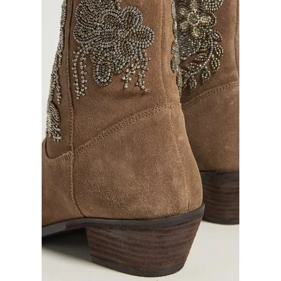 EEUC Anthropologie Floral Suede Brown Western Boots Embellished Beaded 8