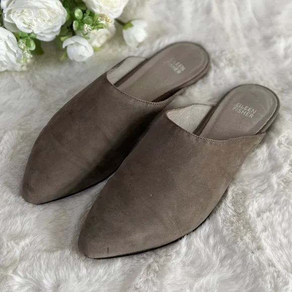EILEEN FISHER 10 Blog Nubuck Leather Slides Mules • Pointed Toe Slip On Shoes