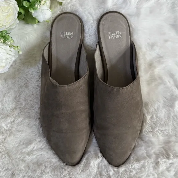 EILEEN FISHER 10 Blog Nubuck Leather Slides Mules • Pointed Toe Slip On Shoes