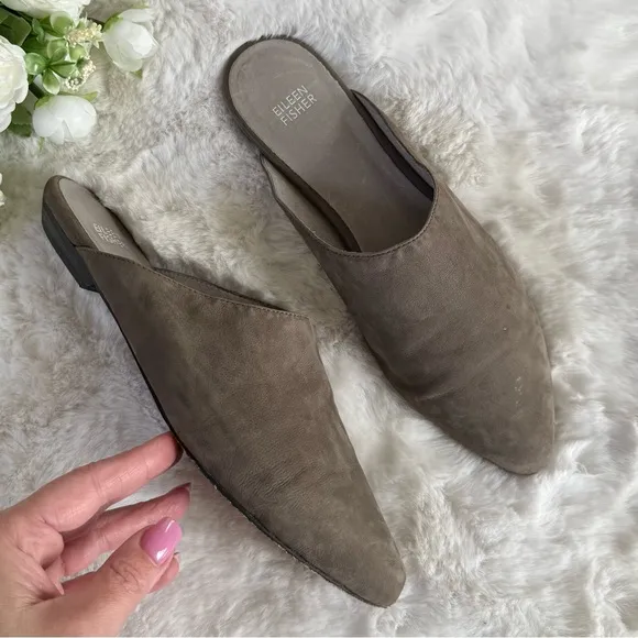 EILEEN FISHER 10 Blog Nubuck Leather Slides Mules • Pointed Toe Slip On Shoes