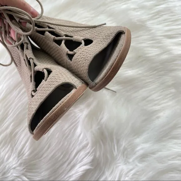 Eileen Fisher | NWOT Nude Suede Slew Lace-Up Bootie Earth Open Toe Sandal Tan 10