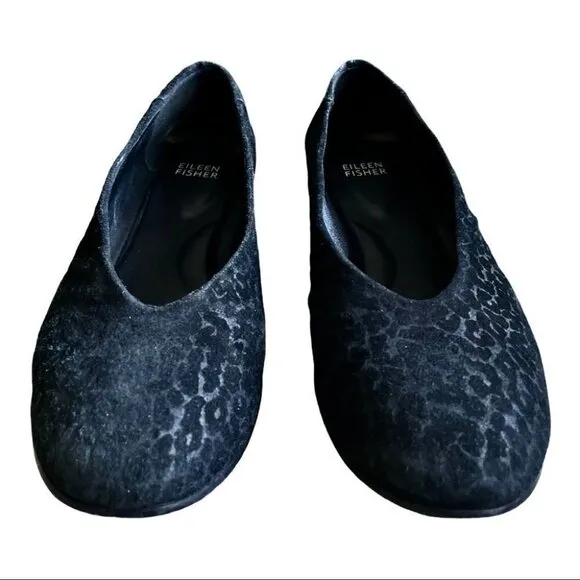 𝅺EILEEN Fisher Patch Leopard Embossed Black Leather Ballet Flats Size 8/ 38