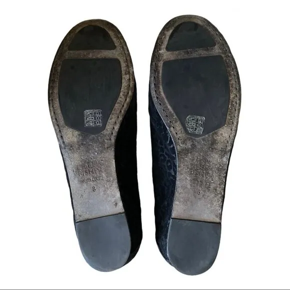 𝅺EILEEN Fisher Patch Leopard Embossed Black Leather Ballet Flats Size 8/ 38