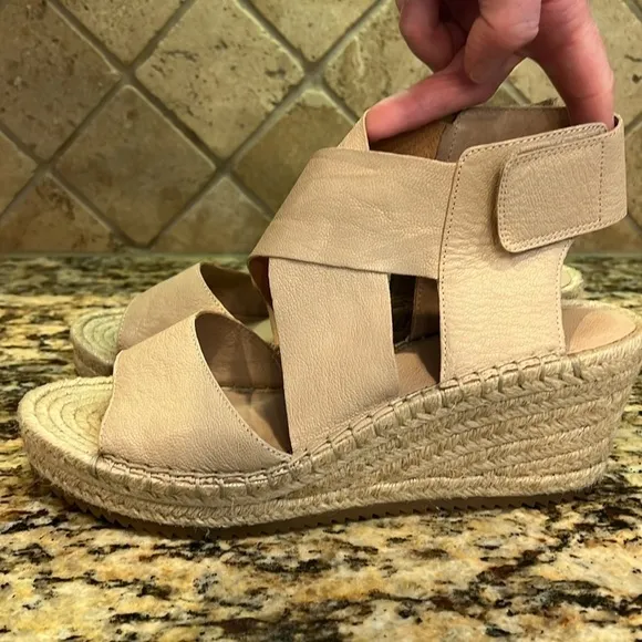 Eileen Fisher Willow Leather Cream Platform Wedge Espadrille Sandals Size 9.5