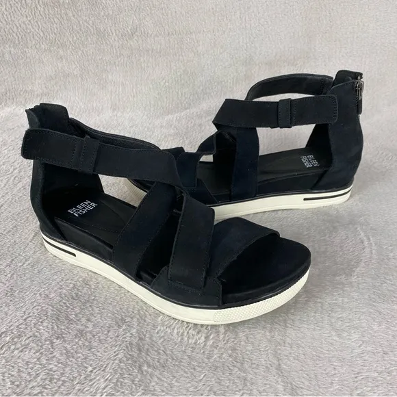 Eileen Fisher Women's Sport Sneaker Sandals Size 7.5 Black Leather Zip Strappy