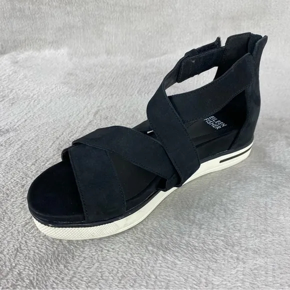 Eileen Fisher Women's Sport Sneaker Sandals Size 7.5 Black Leather Zip Strappy