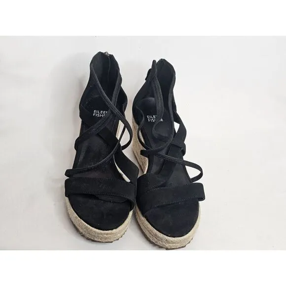 EILEEN FISHER Wanda Tumbled Nubuck Leather Strap Espadrille Sandals Black