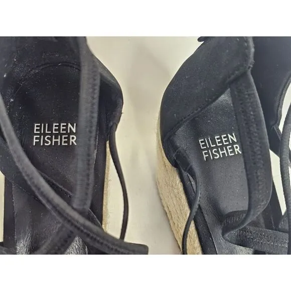 EILEEN FISHER Wanda Tumbled Nubuck Leather Strap Espadrille Sandals Black