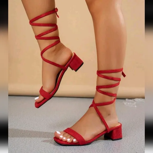 Elegant Women Sandals Multi-Strap Faux Suede Chunky Low Heels Ankle Strap