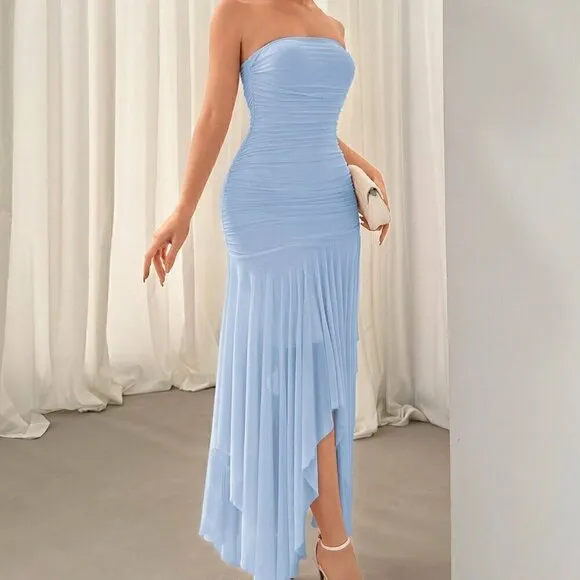 Elegant Women's Irregular Hem Ruffle Trim Date &amp; Wedding Season Dress Blue