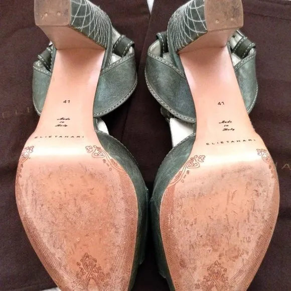 Elie Tahari Distressed Green Leather Platform Chunky Heeled Sandals Size 10 EUC