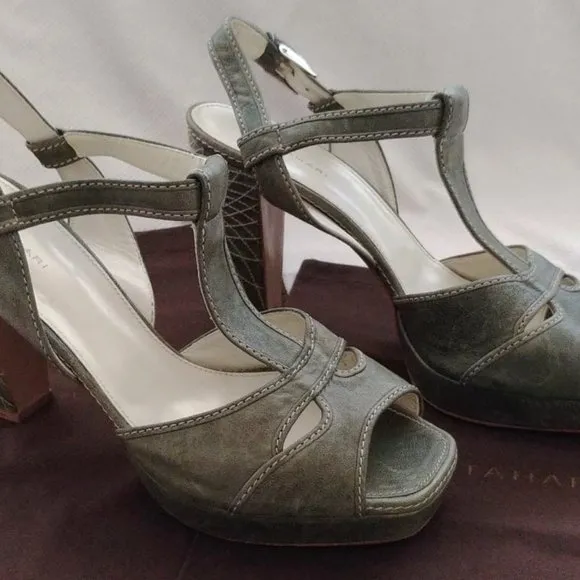 Elie Tahari Distressed Green Leather Platform Chunky Heeled Sandals Size 10 EUC