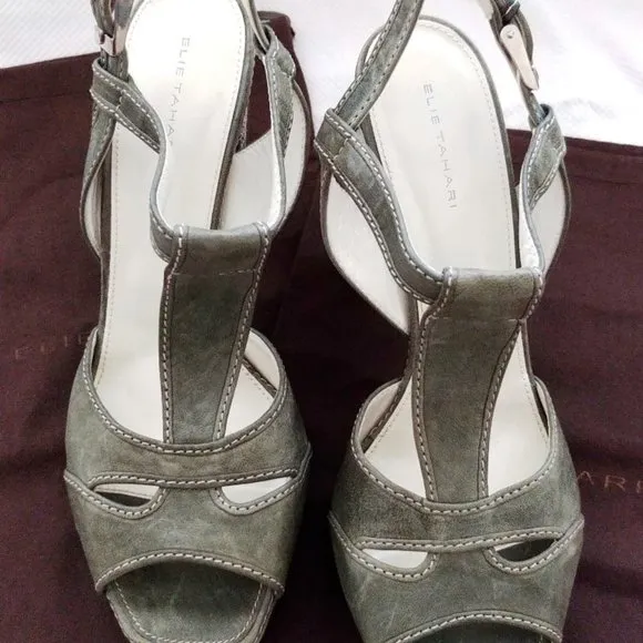 Elie Tahari Distressed Green Leather Platform Chunky Heeled Sandals Size 10 EUC