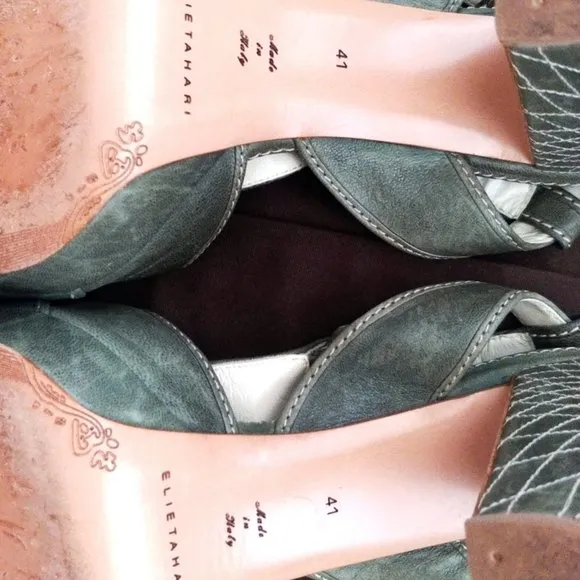 Elie Tahari Distressed Green Leather Platform Chunky Heeled Sandals Size 10 EUC