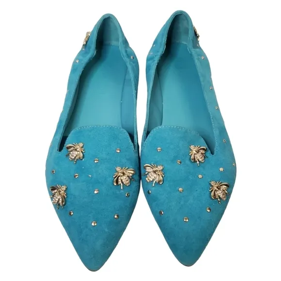 Elvio Zanon Blue Suede Studded Flats Size 39 New