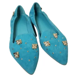 Elvio Zanon Blue Suede Studded Flats Size 39 New