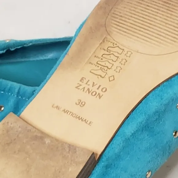 Elvio Zanon Blue Suede Studded Flats Size 39 New