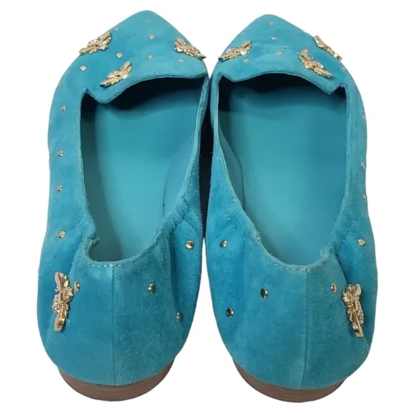 Elvio Zanon Blue Suede Studded Flats Size 39 New