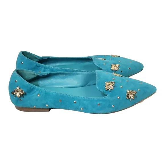 Elvio Zanon Blue Suede Studded Flats Size 39 New