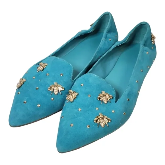 Elvio Zanon Blue Suede Studded Flats Size 39 New