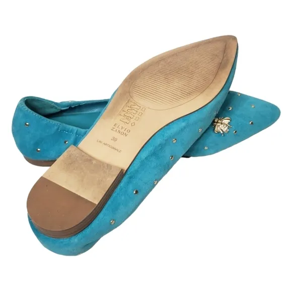 Elvio Zanon Blue Suede Studded Flats Size 39 New