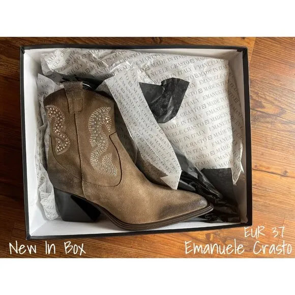 Emanuele Crasto Rhinestones Leather Western Boots 7 US EUR 37 New In Box