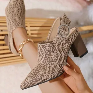 Embroidered Pu Material Pointed Toe Chunky High Heel Shoes With Ankle Strap