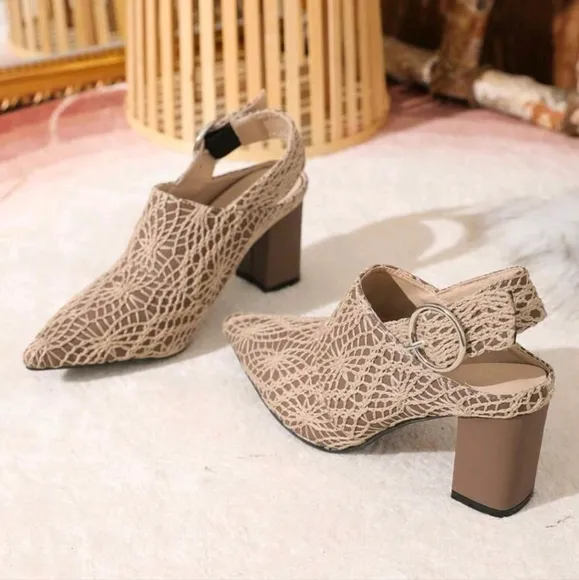 Embroidered Pu Material Pointed Toe Chunky High Heel Shoes With Ankle Strap