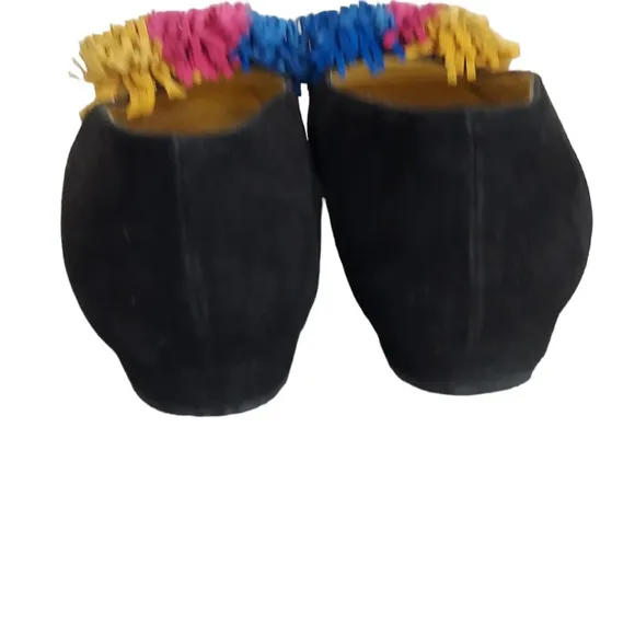Escada Black Suede Pom Pom Flats‎ Square Toe