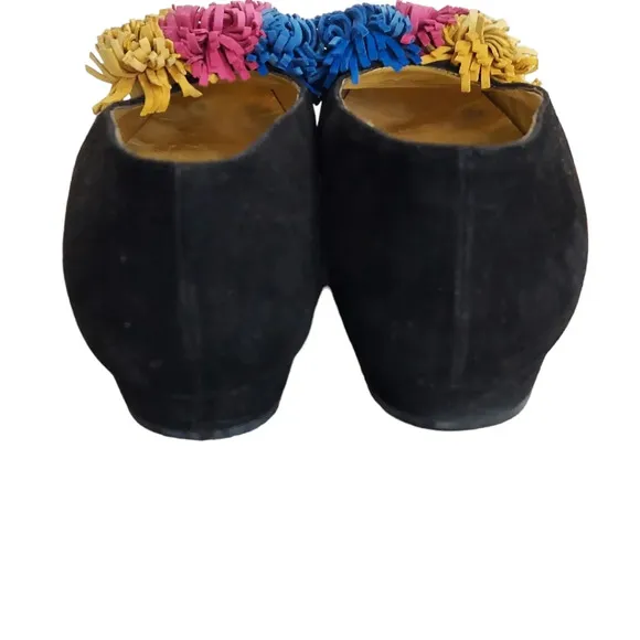 Escada Black Suede Pom Pom Flats‎ Square Toe