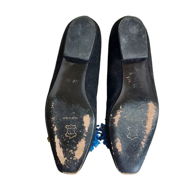 Escada Black Suede Pom Pom Flats‎ Square Toe