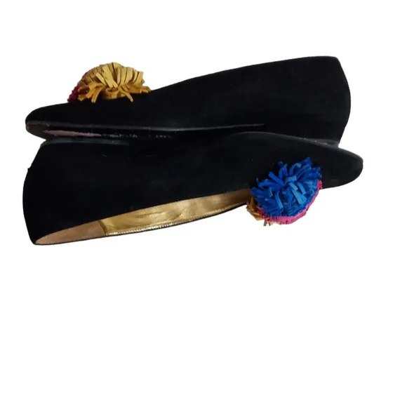 Escada Black Suede Pom Pom Flats‎ Square Toe