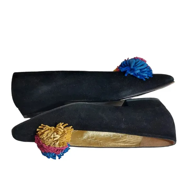 Escada Black Suede Pom Pom Flats‎ Square Toe