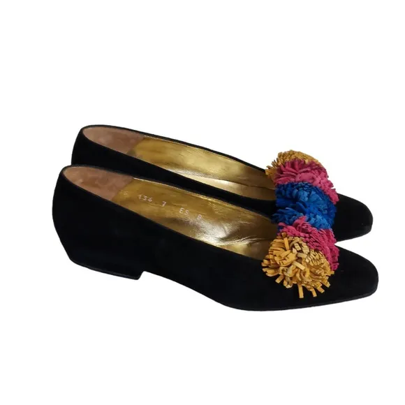 Escada Black Suede Pom Pom Flats‎ Square Toe