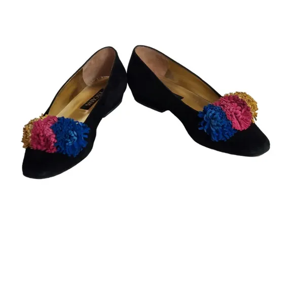 Escada Black Suede Pom Pom Flats‎ Square Toe