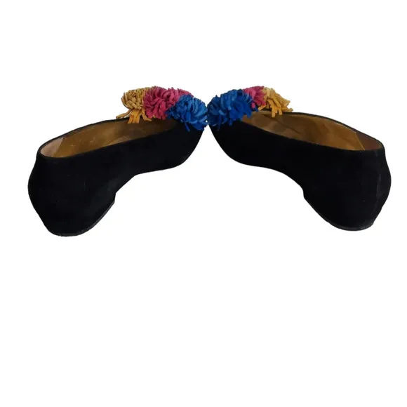 Escada Black Suede Pom Pom Flats‎ Square Toe