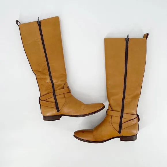 Etro Leather Knee High Riding Boots  US8 EU38 Camel Brown Buckle Strap Side Zip