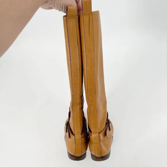 Etro Leather Knee High Riding Boots  US8 EU38 Camel Brown Buckle Strap Side Zip