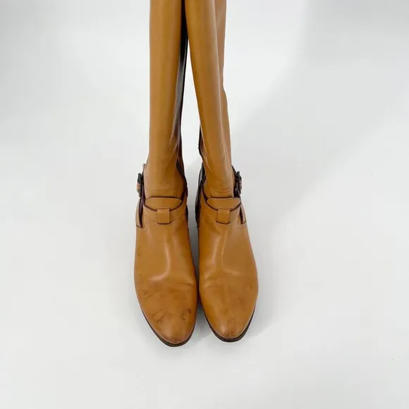 Etro Leather Knee High Riding Boots  US8 EU38 Camel Brown Buckle Strap Side Zip