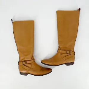 Etro Leather Knee High Riding Boots  US8 EU38 Camel Brown Buckle Strap Side Zip