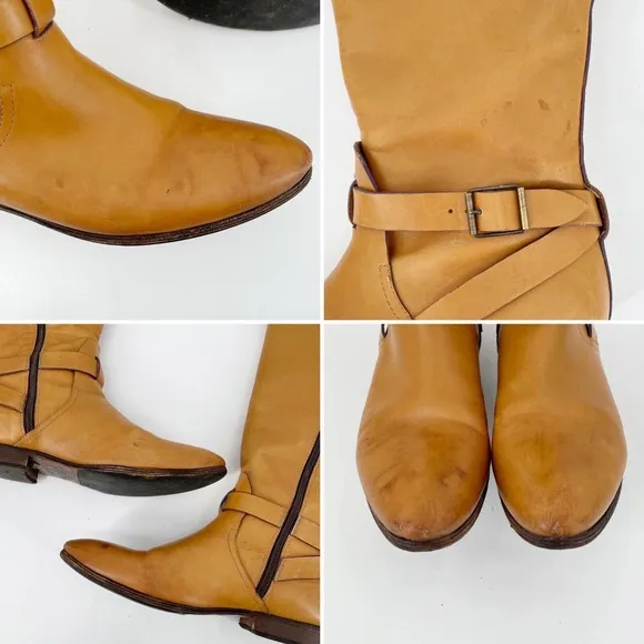 Etro Leather Knee High Riding Boots  US8 EU38 Camel Brown Buckle Strap Side Zip