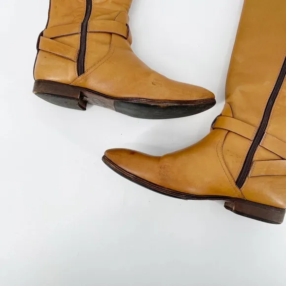 Etro Leather Knee High Riding Boots  US8 EU38 Camel Brown Buckle Strap Side Zip