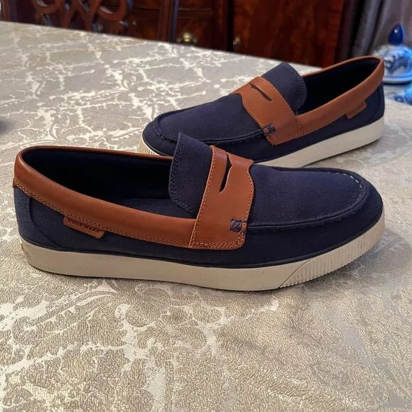 EUC Men's Cole Haan Nantucket Penny Loafers Shoes Navy Canvas Brown Leather 9.5