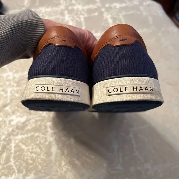 EUC Men's Cole Haan Nantucket Penny Loafers Shoes Navy Canvas Brown Leather 9.5