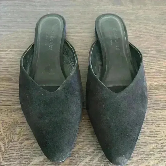 Everlane Nib Almond Toe black suede slip on mule flats