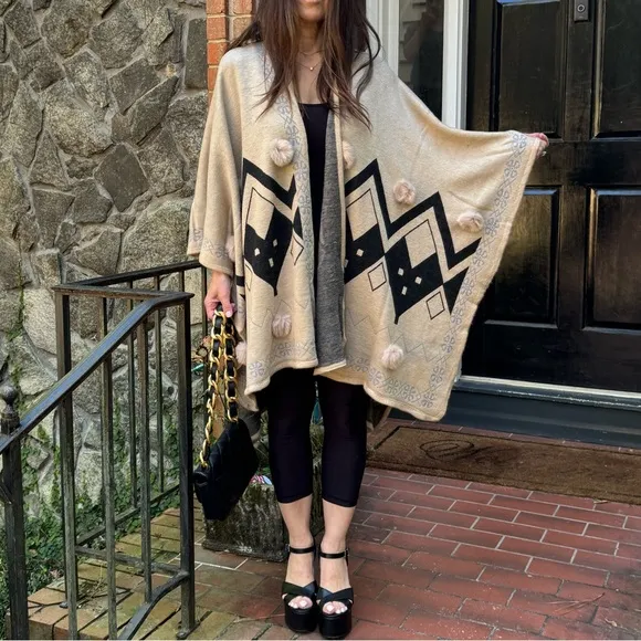 Fabulous Aztec  Oversized Fur Trim Poncho