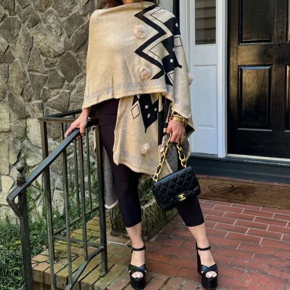 Fabulous Aztec  Oversized Fur Trim Poncho