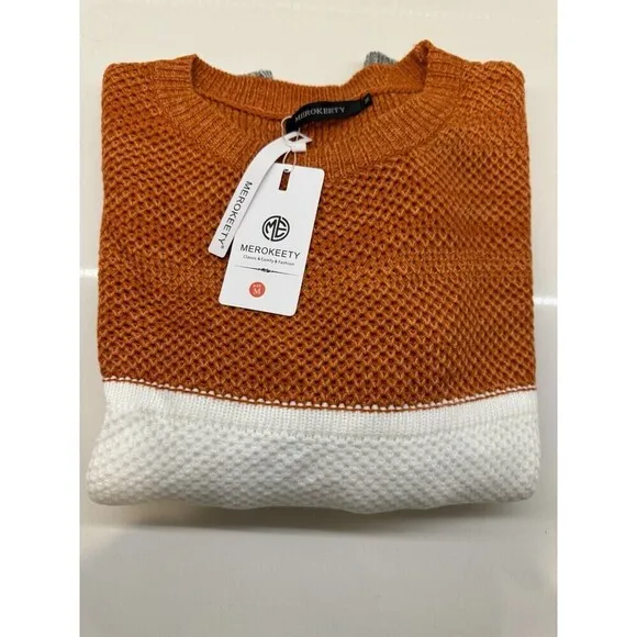 Fall sweater Long Sleeve Crew Neck Striped Color Block Casual Loose Knitted sz M