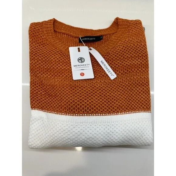 Fall sweater Long Sleeve Crew Neck Striped Color Block Casual Loose Knitted sz M